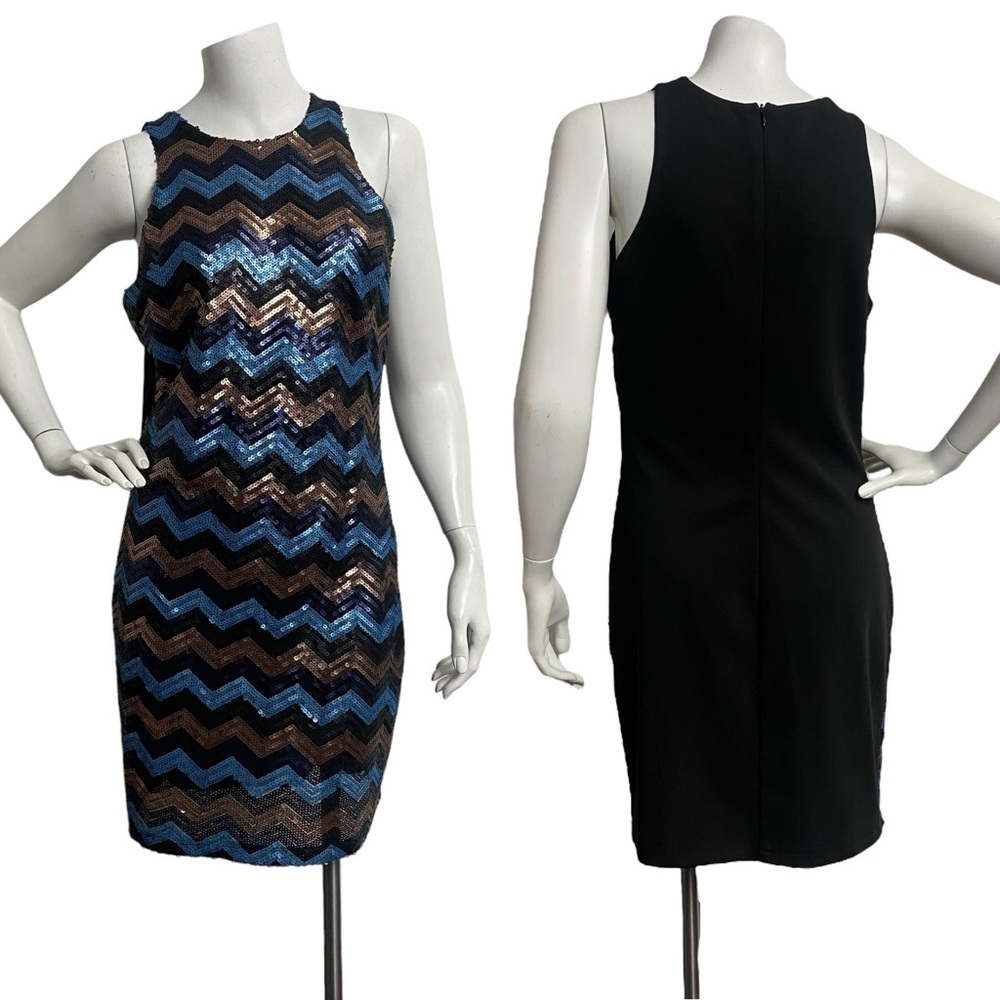 Tulle Women's Medium Sleeveless Crew Neck Sequin Sheath Dress Blue Brown Black